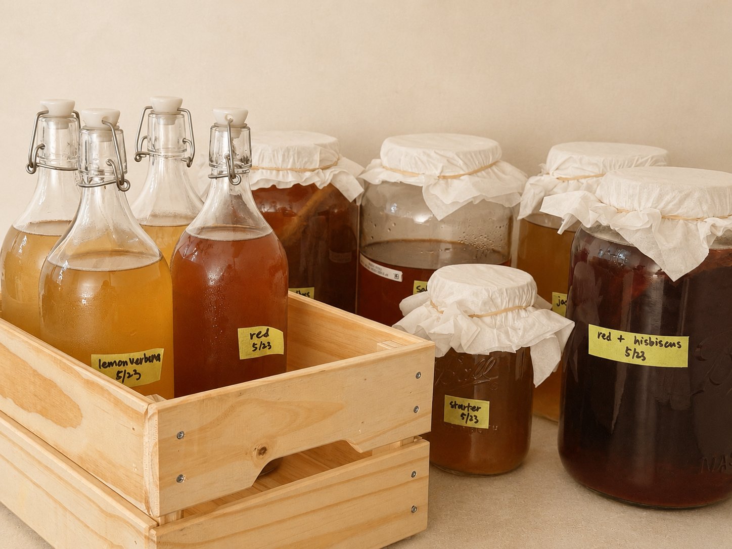 Kombucha batches in progress — lemon verbena, red, hibiscus