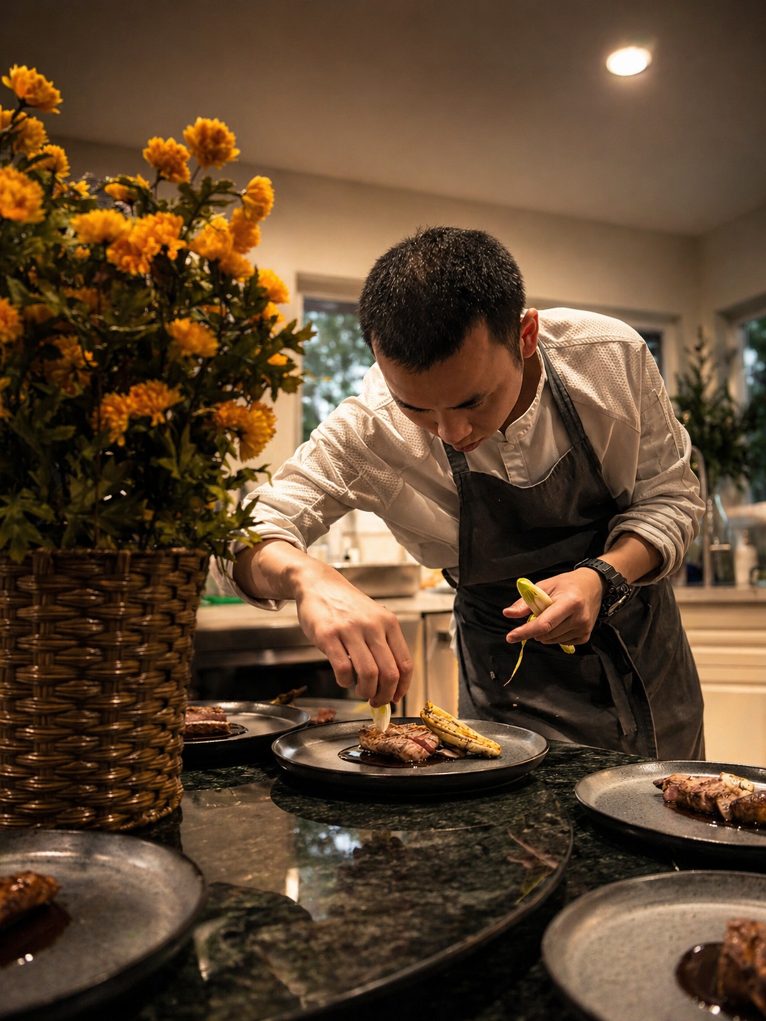 Chef Desmond Ho plating courses at a marble counter